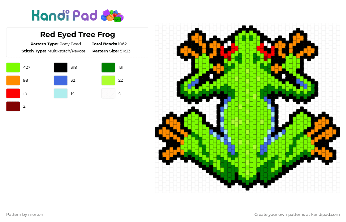 Red Eyed Tree Frog - Pony Bead Pattern by morton on Kandi Pad - tree frog,animal,nature,green,frog,amphibian,cute