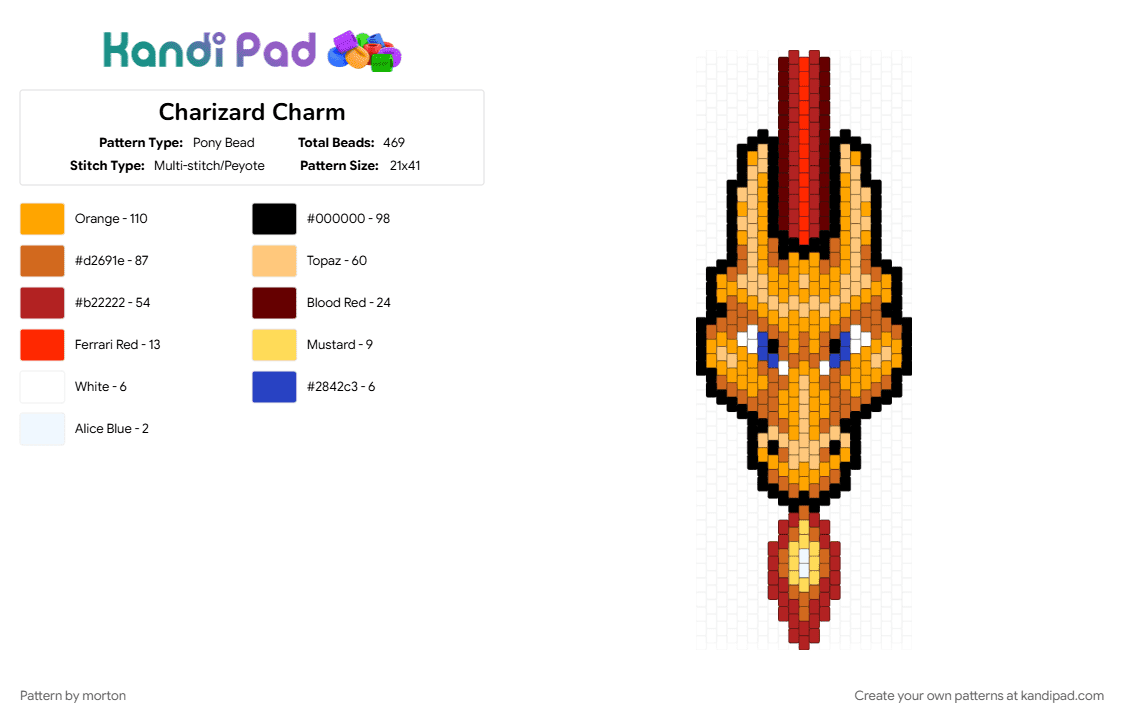 Charizard Charm - Pony Bead Pattern by morton on Kandi Pad - charizard, orange, pokemon, red