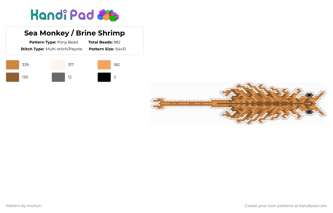 Sea Monkey / Brine Shrimp - Pony Bead Pattern by morton on Kandi Pad - orange,creature,sea monkey,sea monkeys,90s,nostalgia,animal,pet,fish