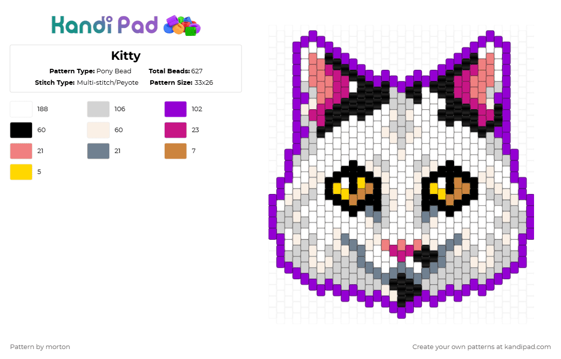 Kitty - Pony Bead Pattern by morton on Kandi Pad - white,purple,cat,animal,pet,cute,kitty