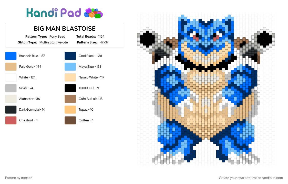 BIG MAN BLASTOISE - Pony Bead Pattern by morton on Kandi Pad - beige, blastoise, blue, light blue, pokemon