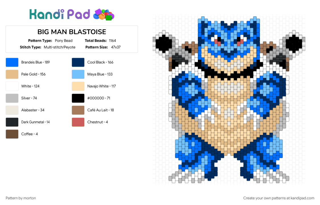 BIG MAN BLASTOISE - Pony Bead Pattern by morton on Kandi Pad - beige, blastoise, blue, light blue, pokemon