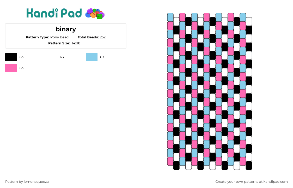 binary - Pony Bead Pattern by lemonsqueeza on Kandi Pad - binary,alternating,sequence,contrast,pink,blue