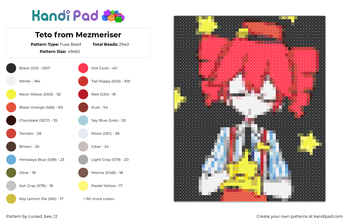 Teto from Mezmeriser - Fuse Bead Pattern by cursed_bee_12 on Kandi Pad - miku
