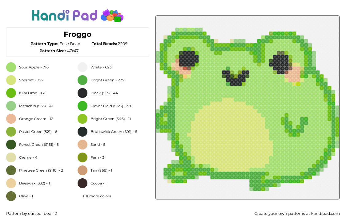Froggo - Fuse Bead Pattern by cursed_bee_12 on Kandi Pad - green,yellow,anima