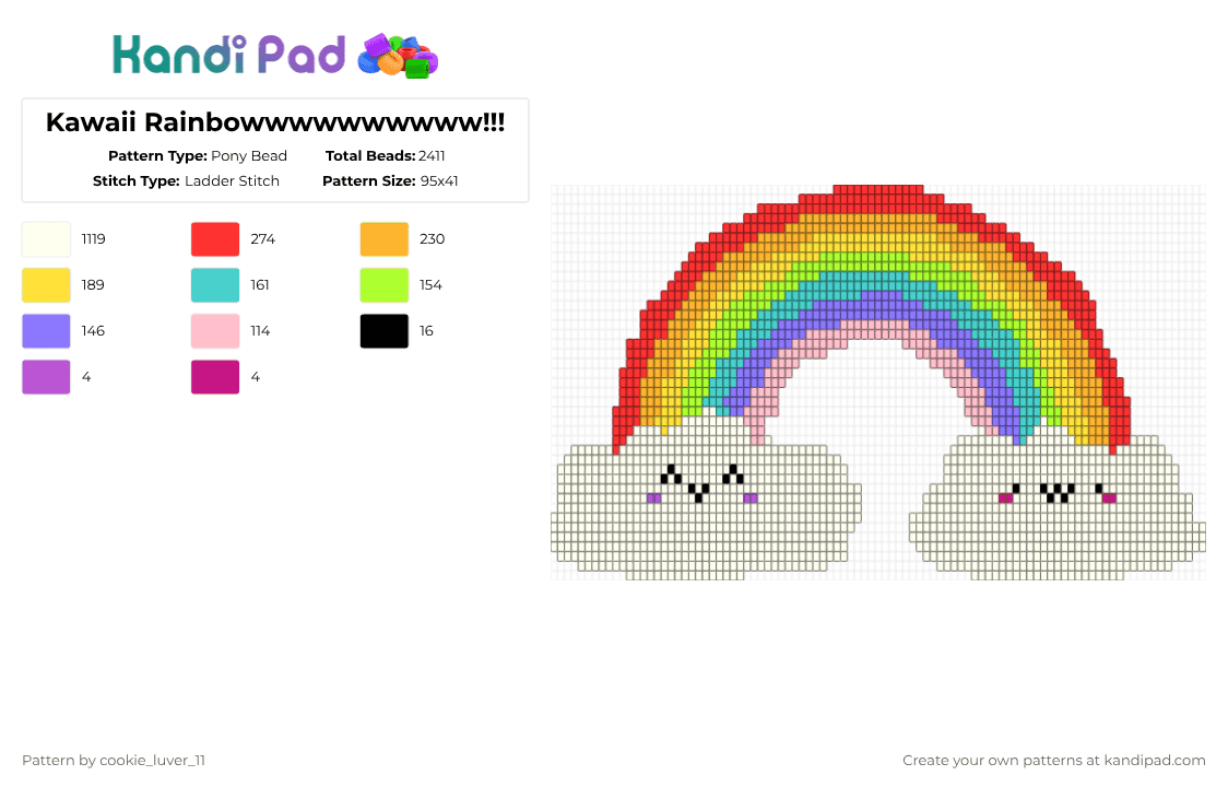 Kawaii Rainbowwwwwwwwww!!! - Pony Bead Pattern by cookie_luver_11 on Kandi Pad - white,red,orange,yellow,earth,fyp,phenomenal
