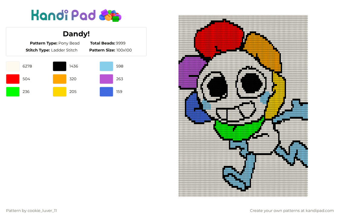 Dandy! - Pony Bead Pattern by cookie_luver_11 on Kandi Pad - fyp,gaming,character,toons,cartoons,rainbow,flower