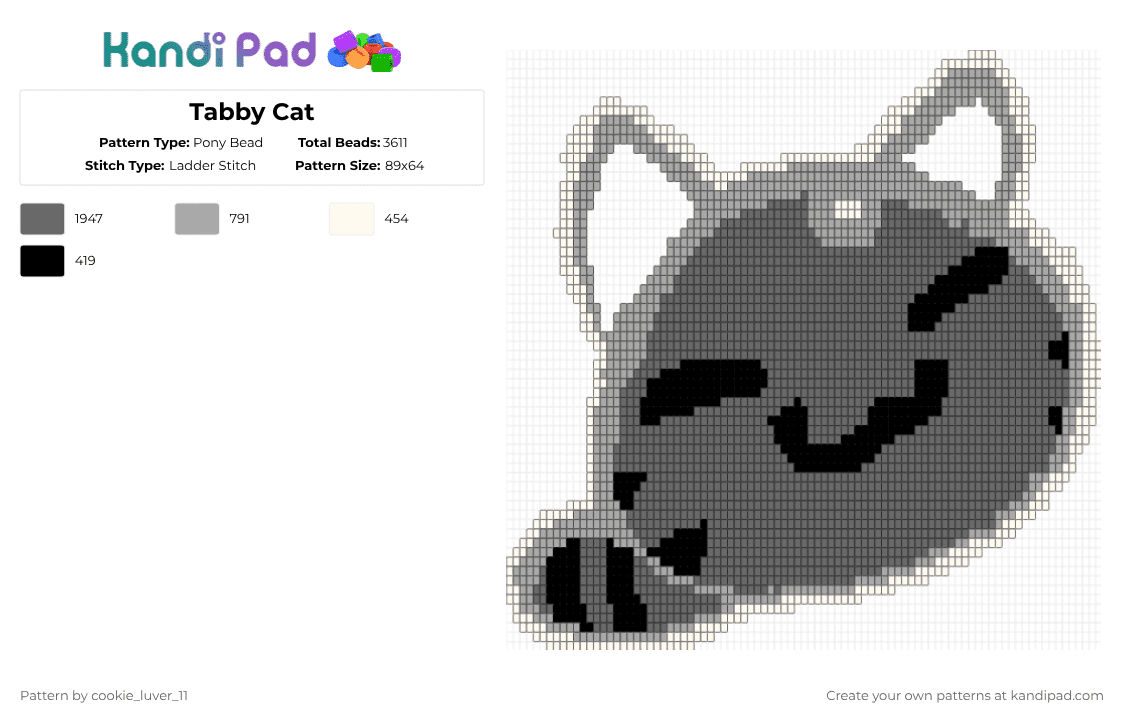 Tabby Cat Pony Bead Pattern - Kandi Pad | Kandi Patterns, Fuse Bead ...