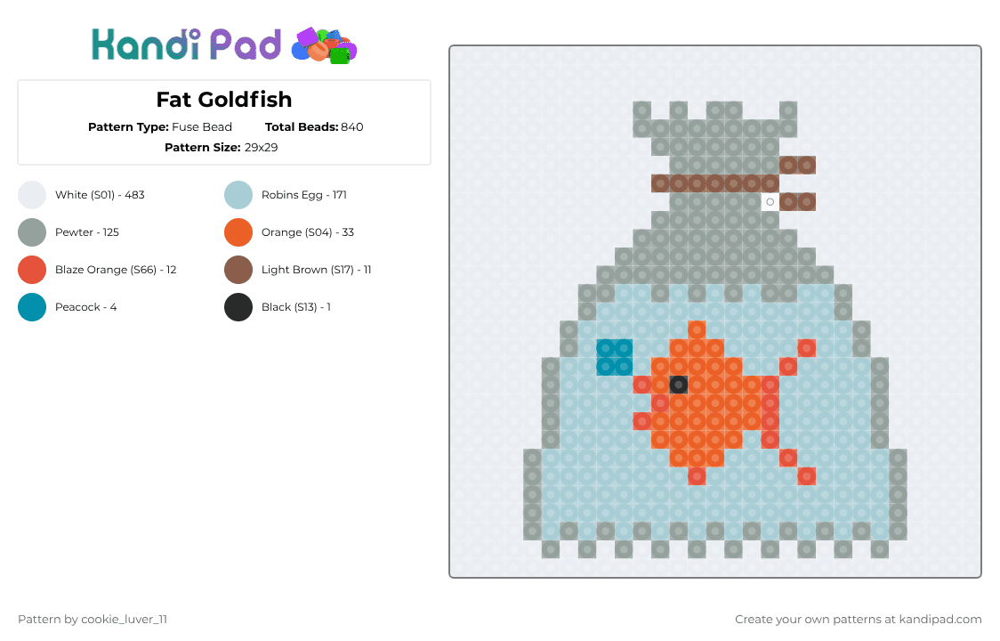 Fat Goldfish - Fuse Bead Pattern by cookie_luver_11 on Kandi Pad - white,gray,light blue,house pet,pet,animal,fishy