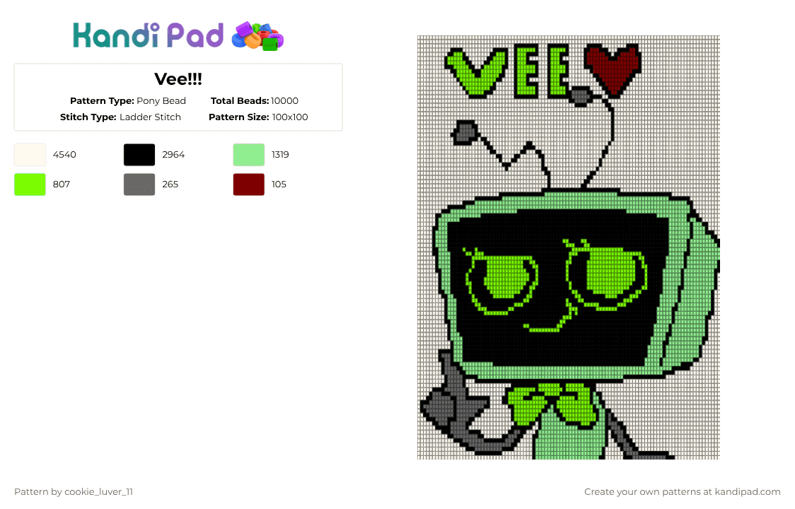 Vee!!! - Pony Bead Pattern by cookie_luver_11 on Kandi Pad - white,green,teal,dandys world,fyp