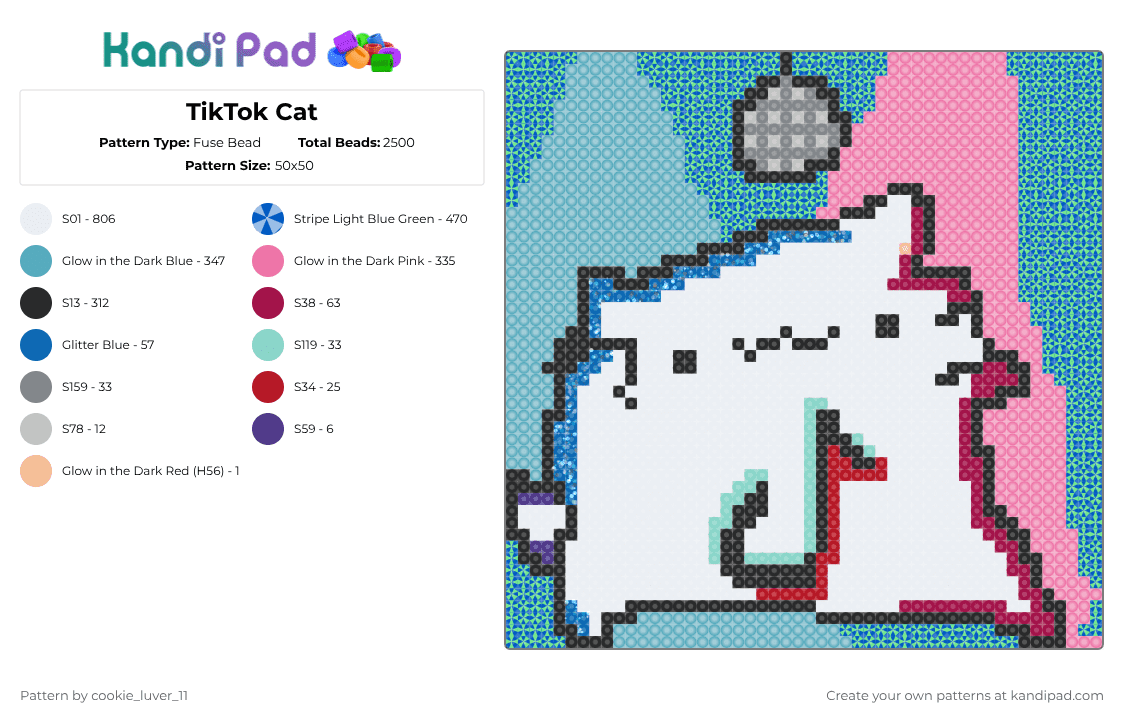 TikTok Cat - Fuse Bead Pattern by cookie_luver_11 on Kandi Pad - pink,blue,light blue,tiktok,cotdraverculture