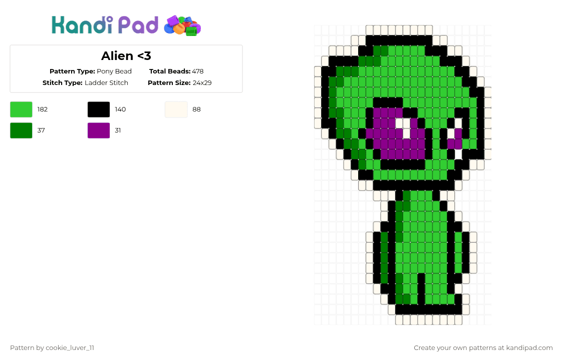 Alien - Pony Bead Pattern by cookie_luver_11 on Kandi Pad - green,alien,space,cuteyyy