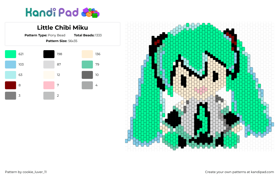 Little Chibi Miku - Pony Bead Pattern by cookie_luver_11 on Kandi Pad - teal,light blue,chibimiku,qm,forcursedbee12,inspiration,fyp,followme,slay,middleschool