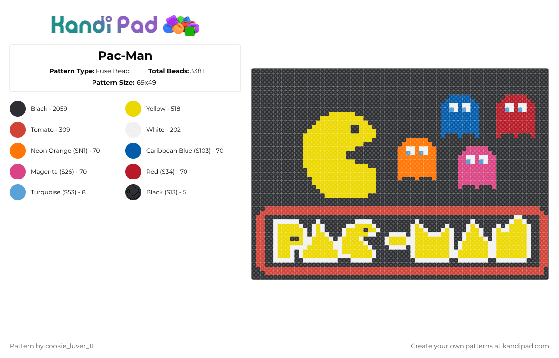 Pac-Man - Fuse Bead Pattern by cookie_luver_11 on Kandi Pad - black,red,yellow,game,gaming,old game,famous,ghost