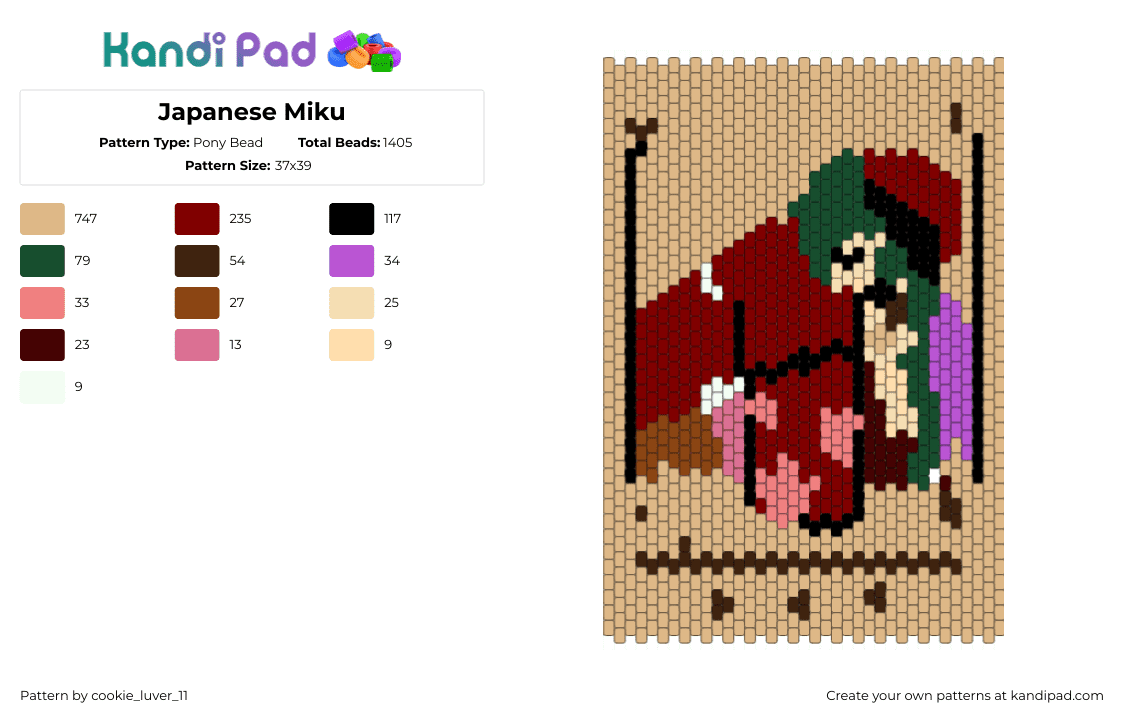 Japanese Miku - Pony Bead Pattern by cookie_luver_11 on Kandi Pad - rawr,miku,fyp