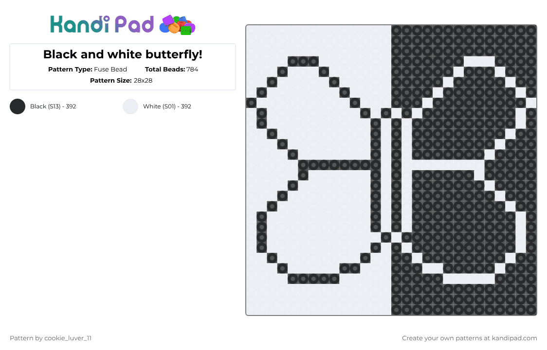 Black and white butterfly! - Fuse Bead Pattern by cookie_luver_11 on Kandi Pad - black,white,animal,insect