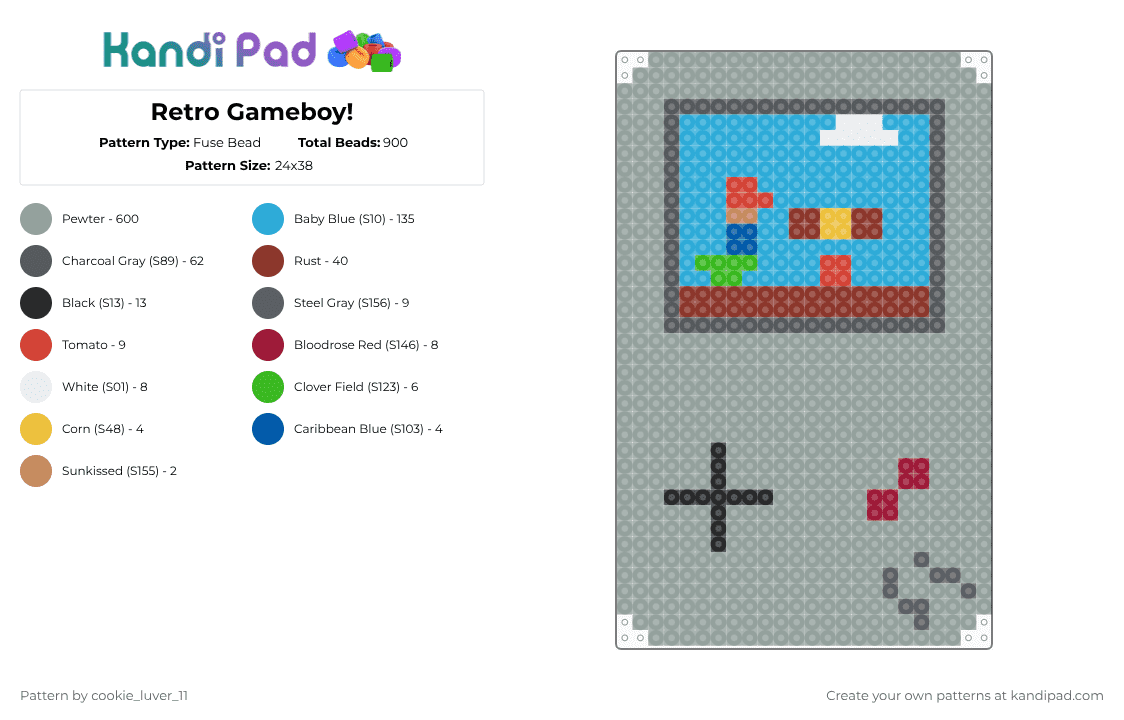 Retro Gameboy! - Fuse Bead Pattern by cookie_luver_11 on Kandi Pad - cotdretro, game, gameboy, gaming, gray, light blue, mario bros, nintendo, retro, video game