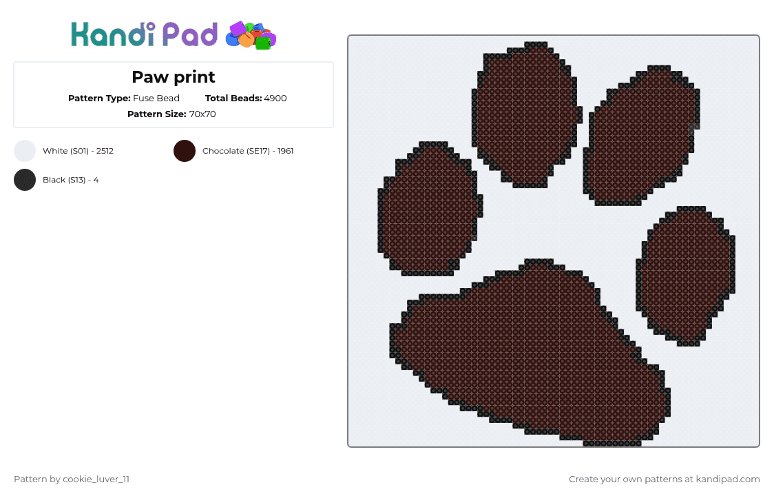 Paw print - Fuse Bead Pattern by cookie_luver_11 on Kandi Pad - brown,white,cotddogs,dog,prints,paw print,animal