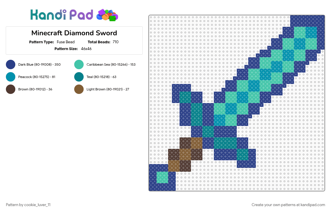Minecraft Diamond Sword - Fuse Bead Pattern by cookie_luver_11 on Kandi Pad - blue, cotdswords, games, minecraft, nintendo, steve, teal, video game