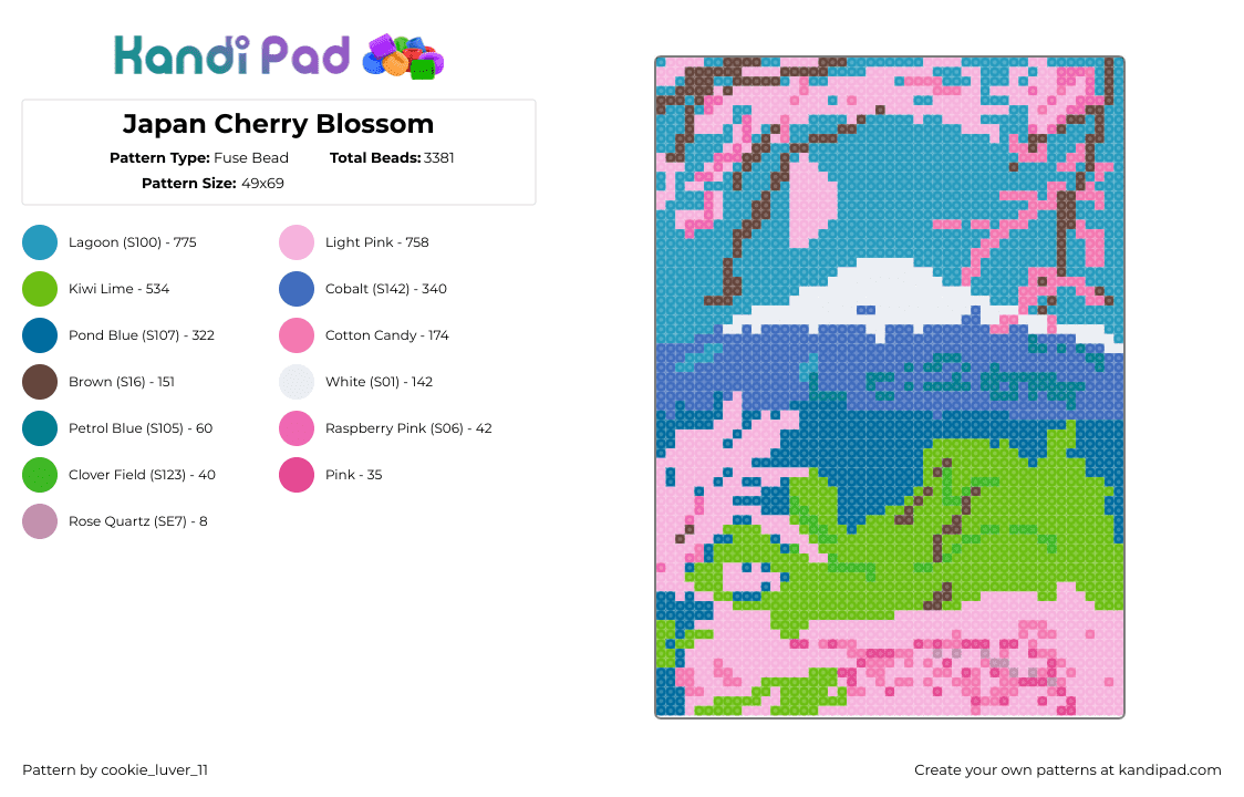Japan Cherry Blossom - Fuse Bead Pattern by cookie_luver_11 on Kandi Pad - light blue,blue,pink,green,japan,cherryblossom