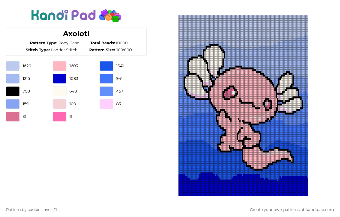 Axolotl - Pony Bead Pattern by cookie_luver_11 on Kandi Pad - pink,light blue,blue,sea animal,underwater,axolotl