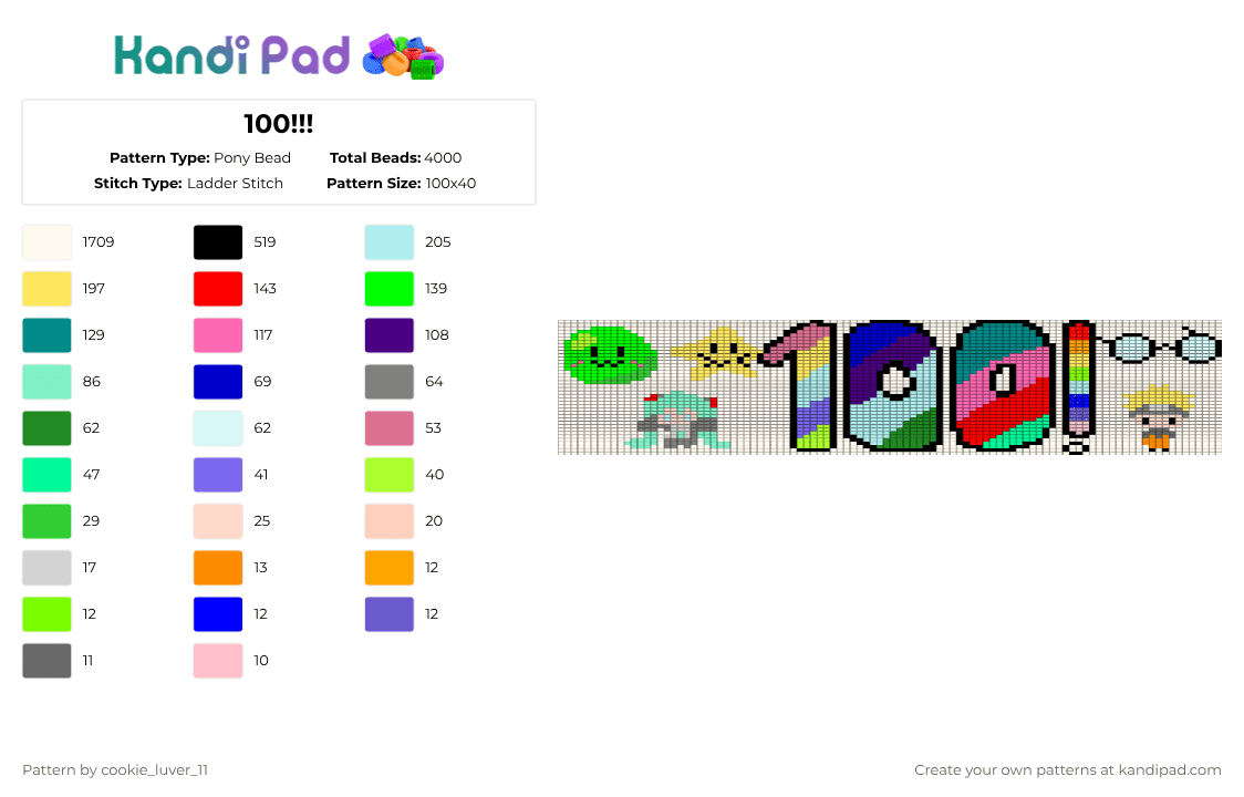 100!!! - Pony Bead Pattern by cookie_luver_11 on Kandi Pad - white,teal,red,green,purple,colorful,100,patterns,thanks,kandipad
