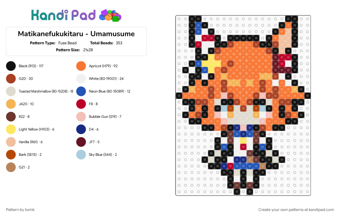 Matikanefukukitaru - Umamusume - Fuse Bead Pattern by twink on Kandi Pad - beige, blue, girl, horse, matikanefukukitaru, orange, pony, red, sprite, umamusume