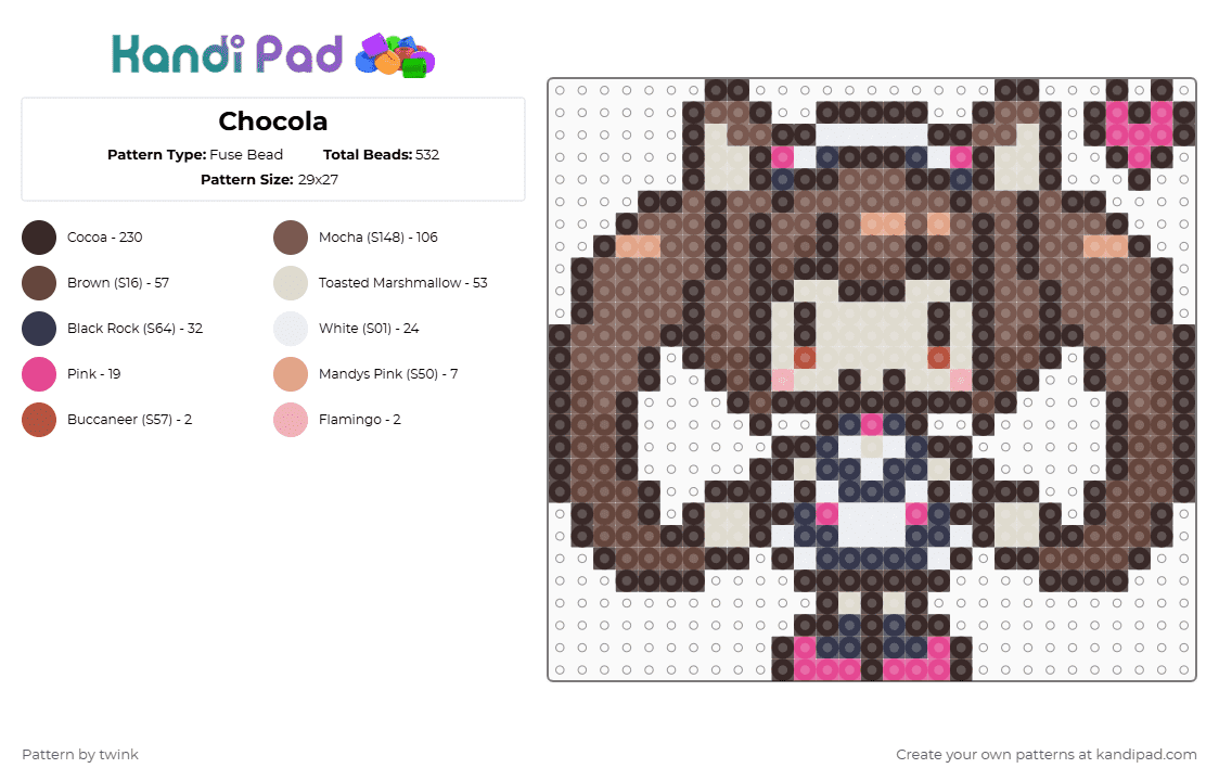 Chocola - Fuse Bead Pattern by twink on Kandi Pad - brown,tan,nekopara,chocola,pink,chibi,sprite,kawaii