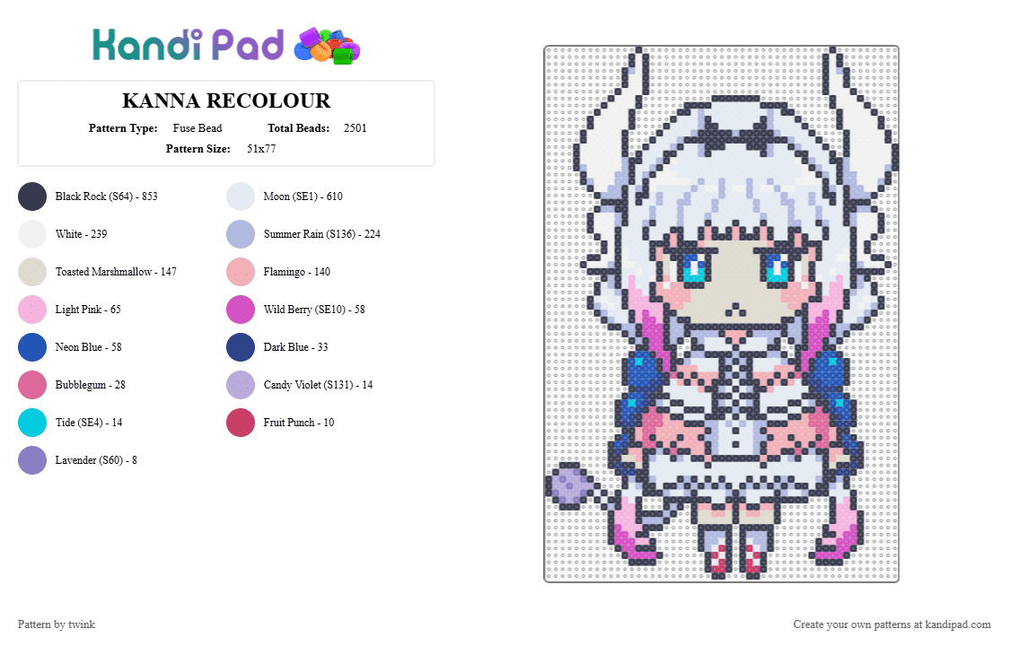 KANNA RECOLOUR - Fuse Bead Pattern by twink on Kandi Pad - purple,pink,kawaii,kanna,dragon,chibi,white,maid,anime