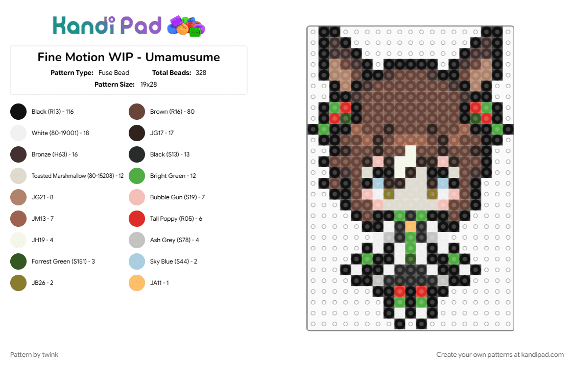 Fine Motion - Umamusume - Fuse Bead Pattern by twink on Kandi Pad - brown, fine motion, girl, green, horse, pony, sprite, umamusume