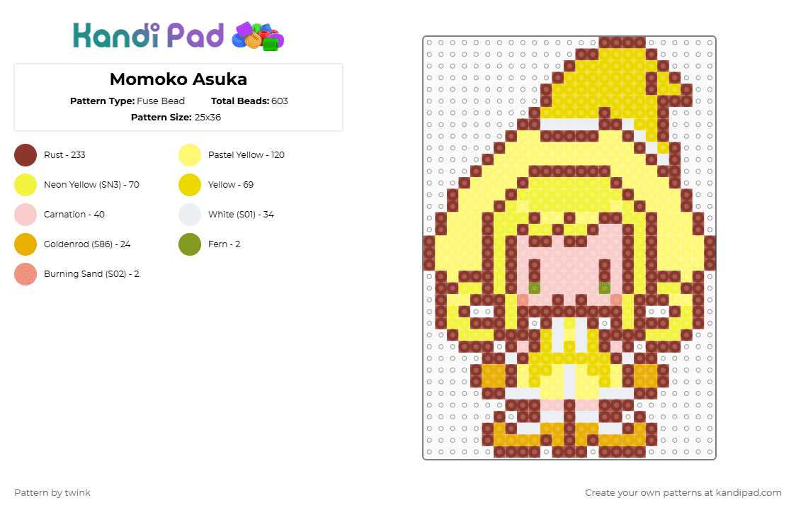 Momoko Asuka - Fuse Bead Pattern by twink on Kandi Pad - momoko asuka,ojamajo doremi,girl,cartoon,anime,tv show,red,yellow,ojamajo,doremi,orange,witch,sprite,cute