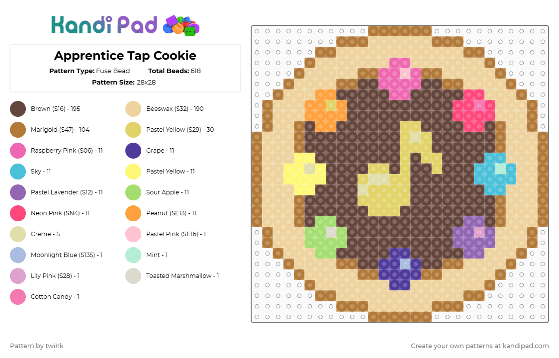 Apprentice Tap Cookie - Fuse Bead Pattern by twink on Kandi Pad - tan,beige,brown,ojamajo,doremi,tap,magic,anime,kawaii,sweets,cookie