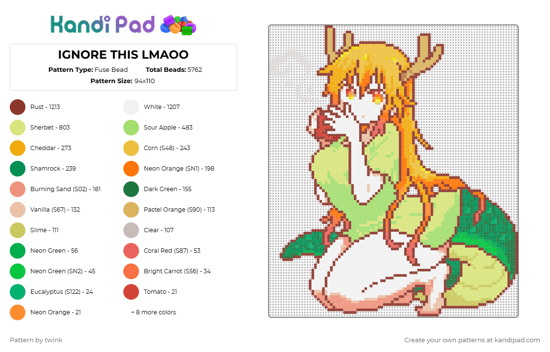 TOHRU - LARGE - Fuse Bead Pattern by twink on Kandi Pad - red,orange,yellow,green,dragon,maid,kawaii,anime,girl,tohru