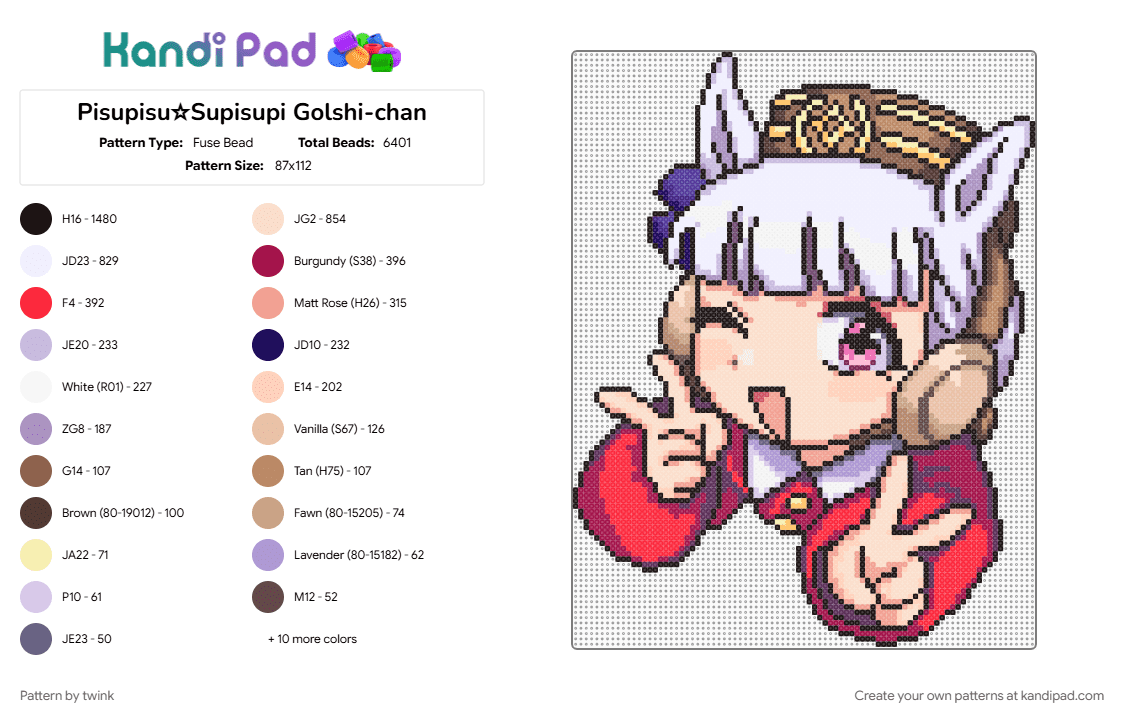 Pisupisu☆Supisupi Golshi-chan - Fuse Bead Pattern by twink on Kandi Pad - beige, brown, girl, gold ship, horse, large, pink, red, umamusume, white