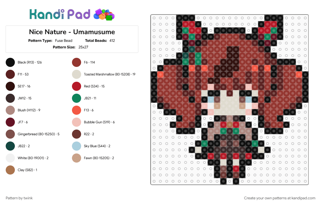 Nice Nature - Umamusume - Fuse Bead Pattern by twink on Kandi Pad - brown, girl, green, horse, nice nature, pony, red, sprite, umamusume