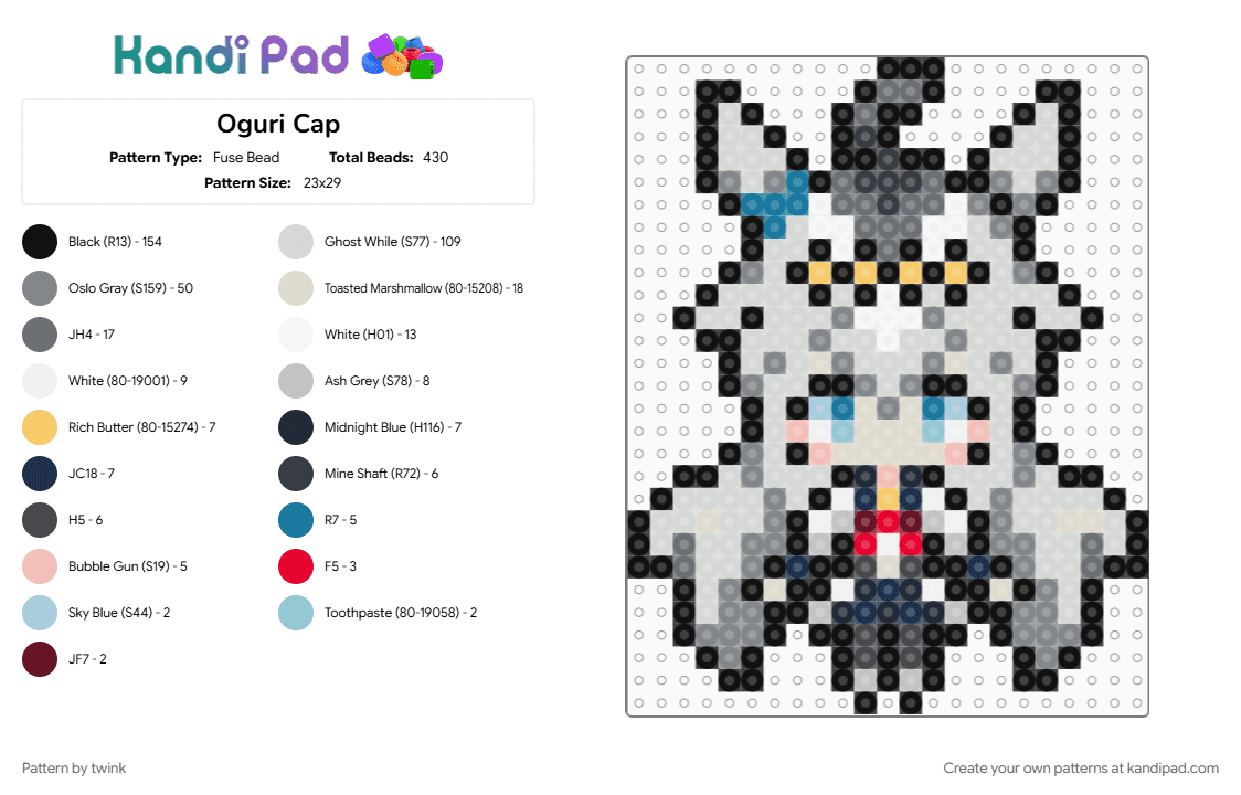 Oguri Cap - Umamusume - Fuse Bead Pattern by twink on Kandi Pad - beige, girl, gray, horse, oguri cap, pony, sprite, umamusume, white