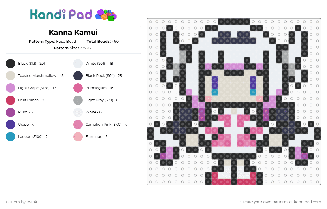 Kanna Kamui - Fuse Bead Pattern by twink on Kandi Pad - black,white,pink,beige,colorful,kanna,dragon,maid,kawaii