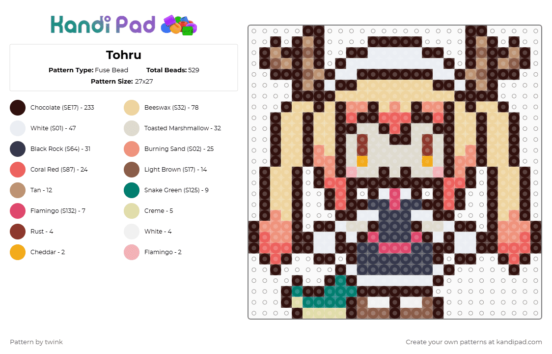 Tohru - Fuse Bead Pattern by twink on Kandi Pad - brown,beige,dragon,maid,anime,kawaii,yellow,green,cute,chibi