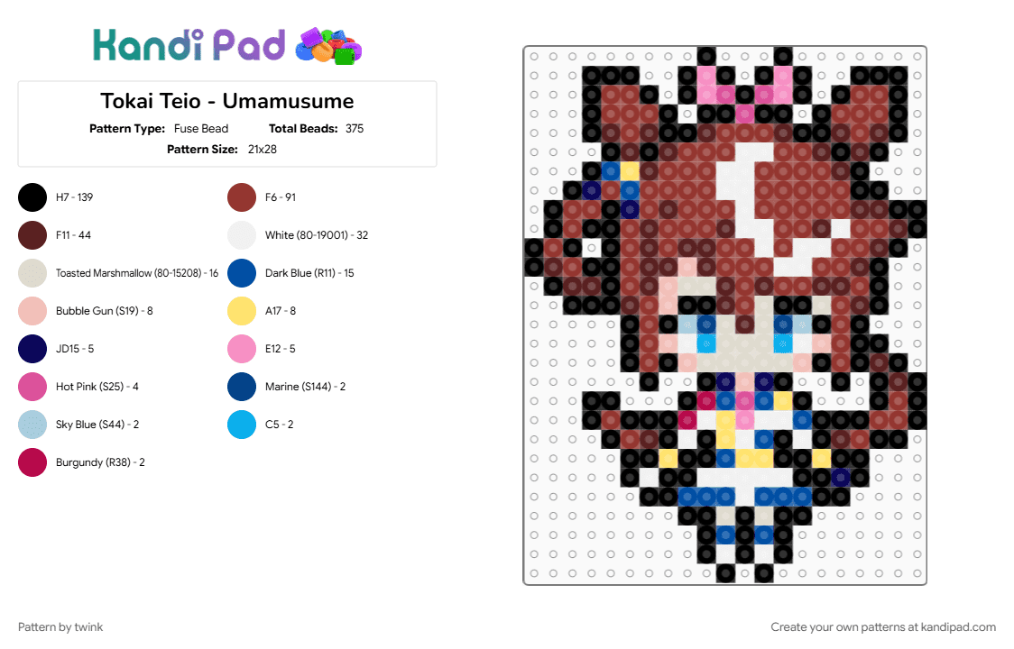 Tokai Teio - Umamusume - Fuse Bead Pattern by twink on Kandi Pad - beige, blue, brown, girl, horse, pony, red, sprite, tokai teio, umamusume