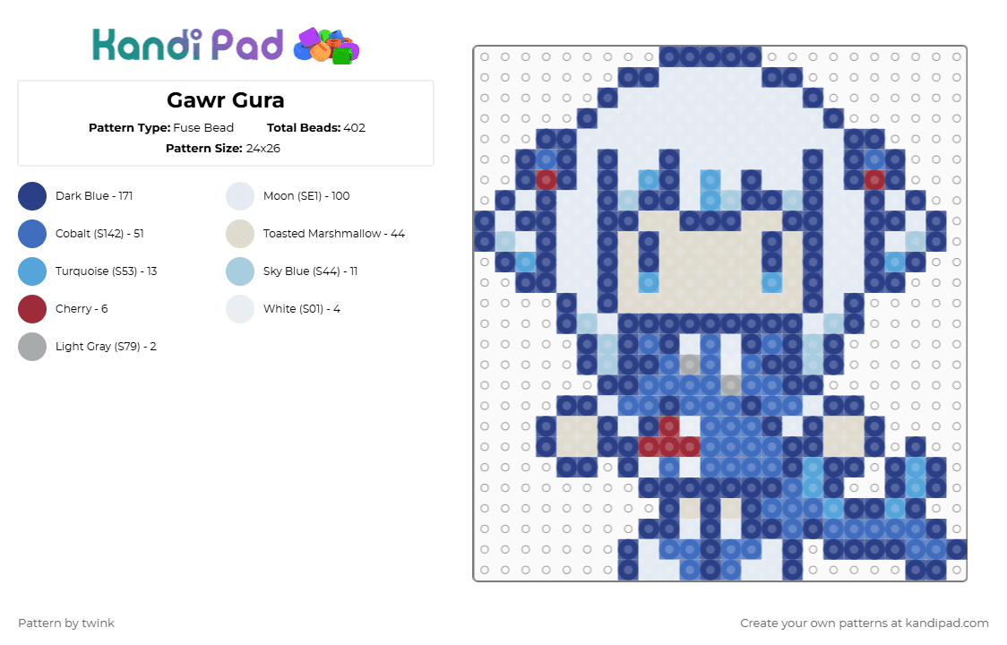 Gawr Gura - Fuse Bead Pattern by twink on Kandi Pad - blue,gura,hololive,white,shark,kawaii,vtuber