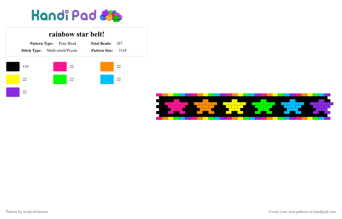rainbow star belt! - Pony Bead Pattern by acidicalchemist on Kandi Pad - black,orange,green,purple,colorful,belt,rainbow,scenecore
