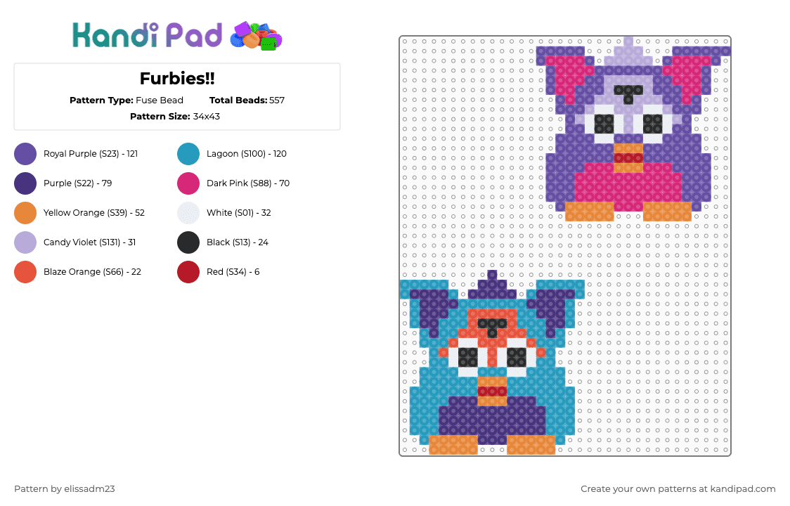 Furbies!! - Fuse Bead Pattern by elissadm23 on Kandi Pad - purple,pink,light blue,furby,furbies