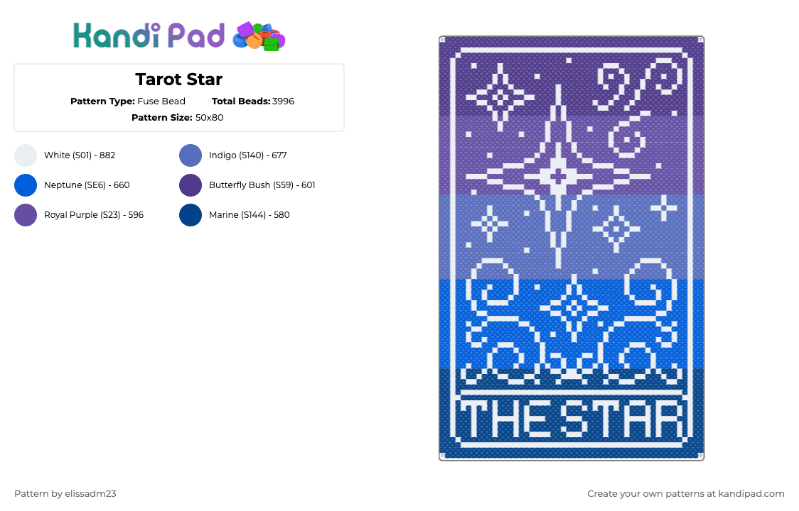 Tarot Card - The Star - Fuse Bead Pattern by elissadm23 on Kandi Pad - tarot,card,paranormal,psychic,purple,blue,the star,star,bracelet book,atrovill,pinterest,tarot card