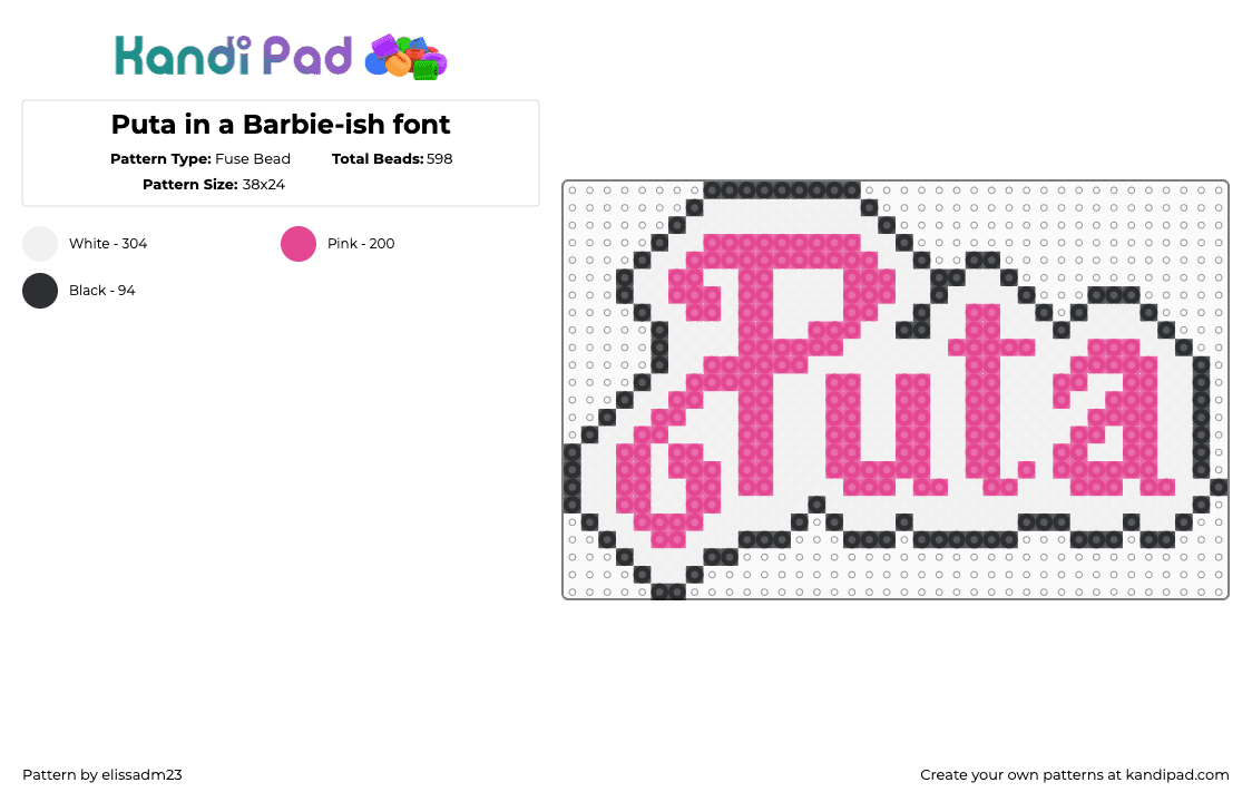 Puta in a Barbie-ish font - Fuse Bead Pattern by elissadm23 on Kandi Pad - pink,white,puta,barbie,barbie font,spanish