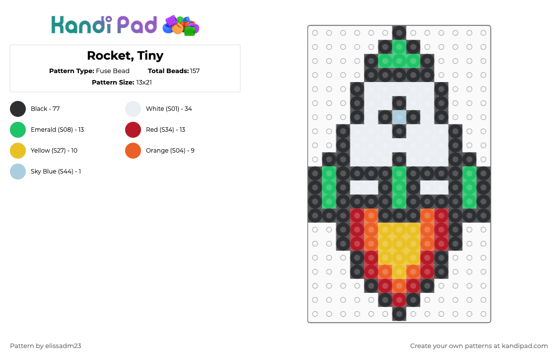 Rocket, Tiny - Fuse Bead Pattern by elissadm23 on Kandi Pad - rocket,space ship,charm,black,white,green,orange,colorful