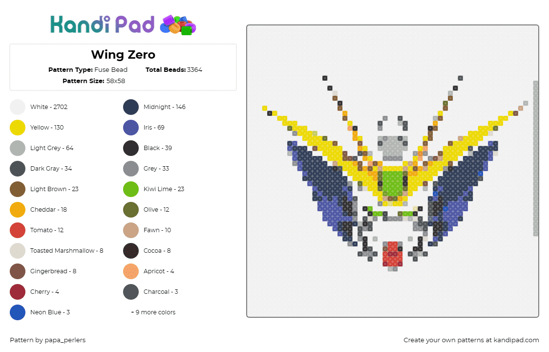 Wing Zero - Fuse Bead Pattern by papa_perlers on Kandi Pad - gundam,wing zero,mech,majestic,robot,anime,pilot,blue,yellow