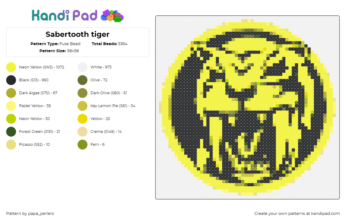 Sabertooth tiger - Fuse Bead Pattern by papa_perlers on Kandi Pad - sabertooth tiger,power rangers,animal,childhood,martial arts,coin,fierce,emblema