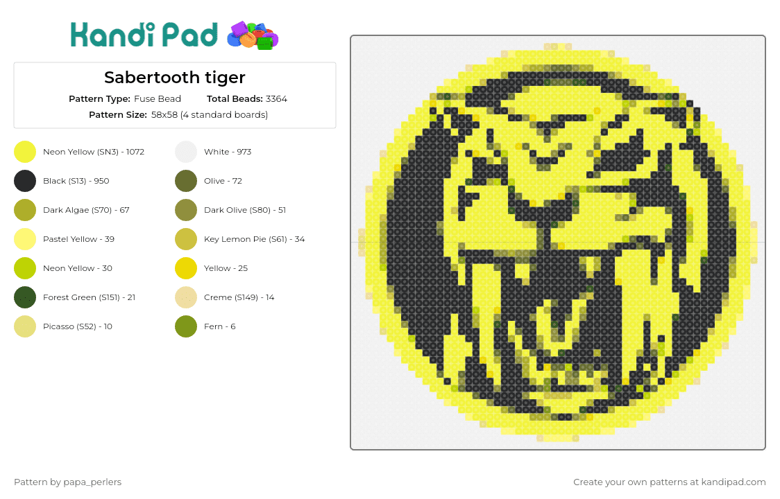 Sabertooth tiger - Fuse Bead Pattern by papa_perlers on Kandi Pad - sabertooth tiger,power rangers,animal,childhood,martial arts,coin,fierce,emblematic,nostalgic,black,yellow,tv show