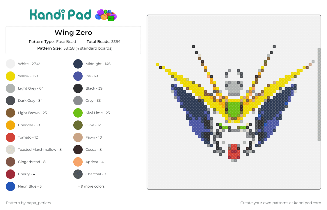Wing Zero - Fuse Bead Pattern by papa_perlers on Kandi Pad - gundam,wing zero,mech,dynamic,majestic,robot,anime,pilot,blue,yellow