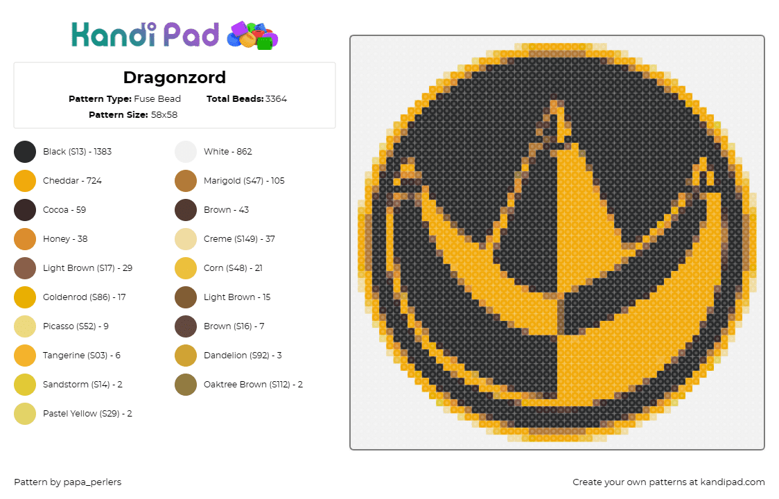 Dragonzord - Fuse Bead Pattern by papa_perlers on Kandi Pad - dragonzord,power rangers,tv show,childhood,martial arts,coin,nostalgia,legendary